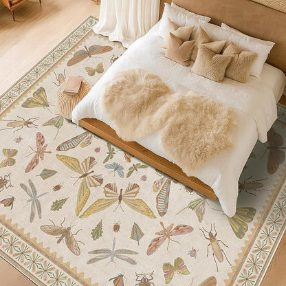 8x10 Fun Rugs For Bedroom - Maximalist Rug for Living Room, Playroom, Dining Room Under Kitchen Table, Washable Soft Stain Resistant Low Pile, Butterfly Insect Floral Cottage Decor, Beige & Yellow