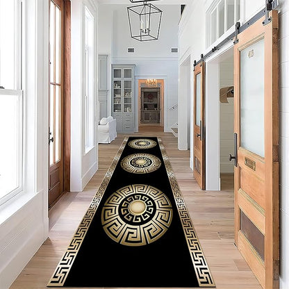 Black Gold Geometric Hallway Runner Rug, 4x12ft, Vintage Greek Key Entryway Carpet, Baroque Style Pattern Machine Washable Carpets, Durable Non-Shedding Non-Slip Rugs for Dorm Nursery