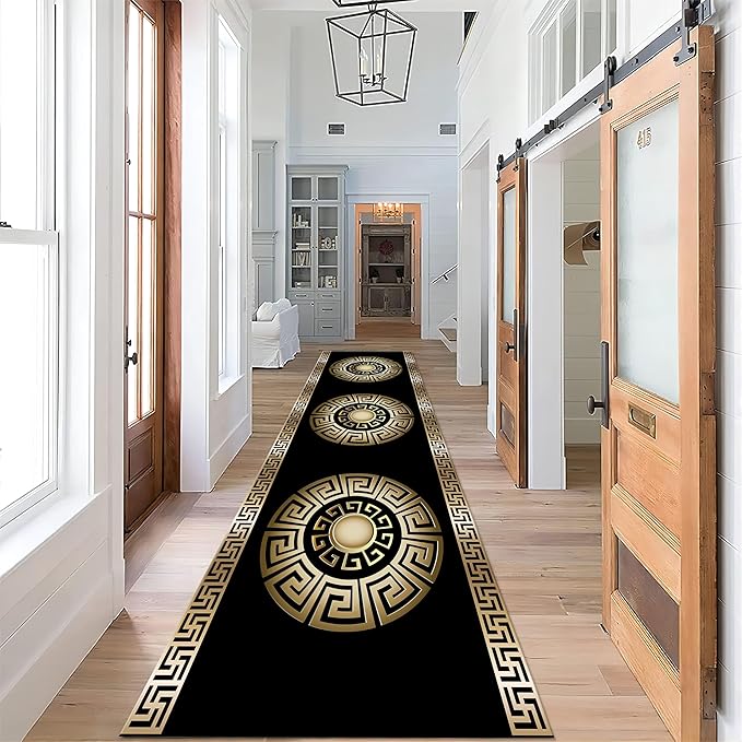Black Gold Geometric Hallway Runner Rug, 3.3x7ft, Vintage Greek Key Entryway Carpet, Baroque Style Pattern Machine Washable Carpets, Durable Non-Shedding Non-Slip Rugs for Dorm Nursery