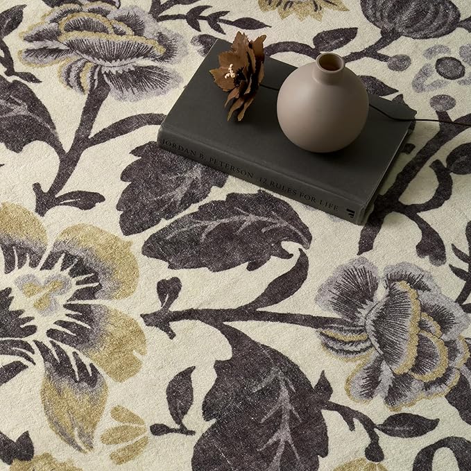EVERGRACE Area Rugs for Living Room 8x10, Boho Floral Faux Wool Indoor Outdoor Rugs, Washable Rugs for Bedroom Dining Room Entryway Kitchen, Low Pile Floor Mat Carpet for Home Decor, Gray