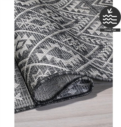 FH Home Flat Woven Outdoor Rug - Waterproof, Easy to Clean, Stain Resistant - Premium Polypropylene Yarn - Boho Moroccan - Patio, Porch, Deck, Balcony - Dakar - Charcoal - 5ft 2in x 7ft 6in