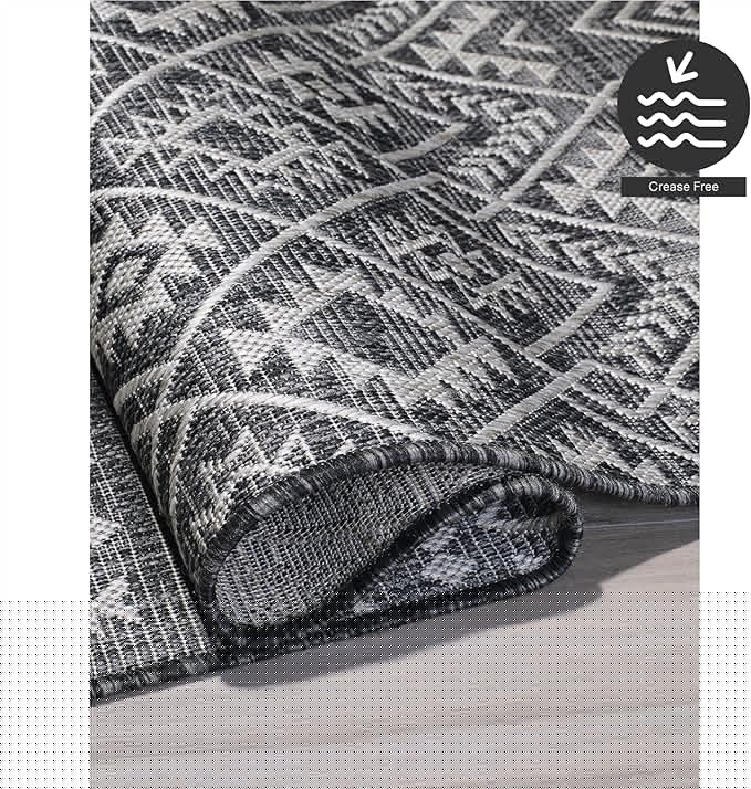 FH Home Flat Woven Outdoor Rug - Waterproof, Easy to Clean, Stain Resistant - Premium Polypropylene Yarn - Boho Moroccan - Large Patio, Deck, Sunroom - Dakar - Charcoal - 7ft 10in x 10ft 9in