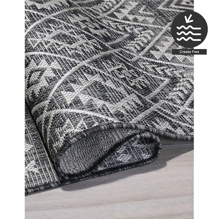 FH Home Flat Woven Outdoor Rug - Waterproof, Easy to Clean, Stain Resistant - Premium Polypropylene Yarn - Boho Moroccan - Large Patio, Deck, Sunroom - Dakar - Charcoal - 7ft 10in x 10ft 9in