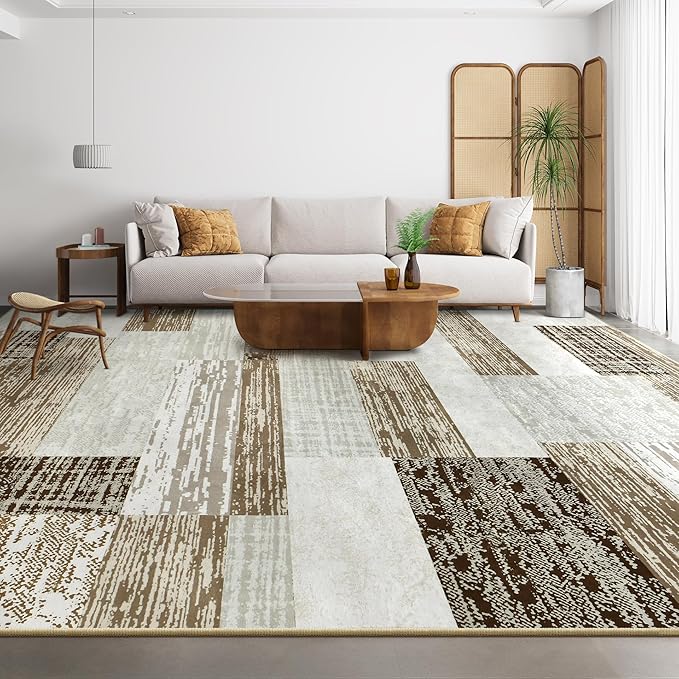 Large Area Rugs,Modern Geometric Patchwork Floor Decor for Bedroom Aesthetic Carpet, Rockwood Collection, Indoor Rugs for Living Room, Dining Room, Nursery, Office, Machine Washable Rug,8x10 Ft Beige