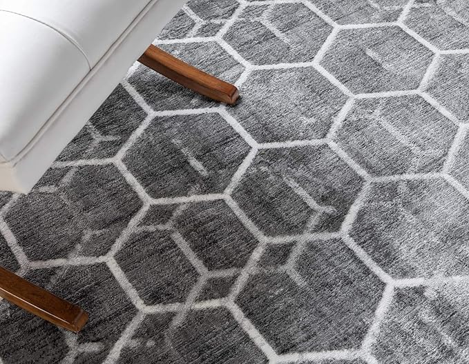 Rugs.com Lattice Trellis Collection Rug – 5 Ft Round Gray Low-Pile Rug Perfect for Kitchens, Dining Rooms