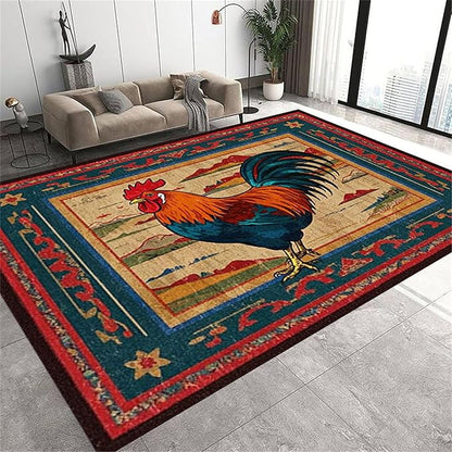 Vintage Rustic Rooster Area Rug ，4x5ft,Ethnic Design Colorful Mountains Geometric Pattern Print Rug，Low Pile Washable Rug Suitable for Farmhouse, Kitchen, Living Room, Bedroom Entryway