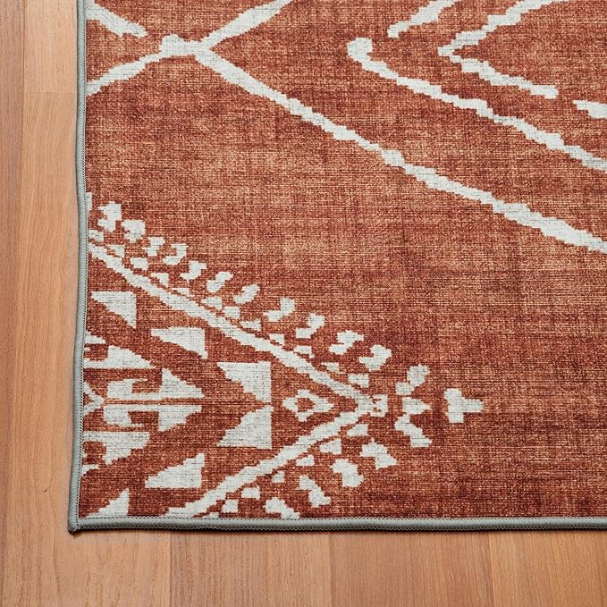 ReaLife Rugs Machine Washable Area Rug Runner - Living Room Bedroom Bathroom Kitchen Entryway Office - Padded Low Pile Stain Resistant Premium - Moroccan Diamond Tribal - Jax - Orange 3' x 5'