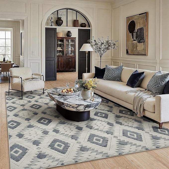 Ivory Grey 6x9 Area Rug Washable Living Room Moroccan Shag Carpet Non Slip Soft Neutral Boho Plush Pile Large Throw Rug for Office Bedroom Dining Room Playroom