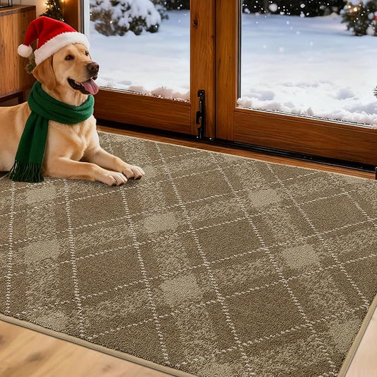 COSY HOMEER Plaid Door Mat 32" x 48",Dirt Trapper Entryway Rugs,Non-Slip Washable Farmhouse Doormat,Low Profile Welcome Mats for Paws Taupe