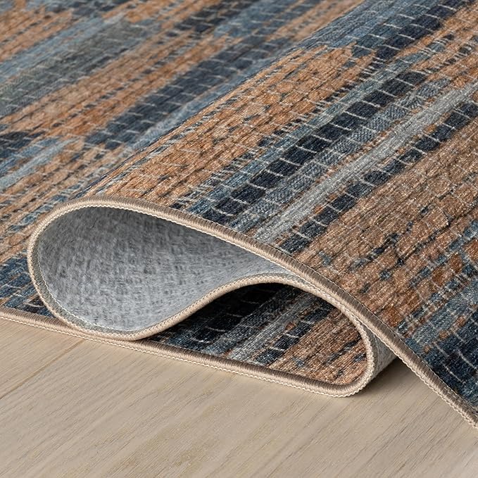 Dash & Albert Ravel Stripe Blue Machine Washable Rug, 6 X 9 Feet, Tan/Blue Stripe Pattern