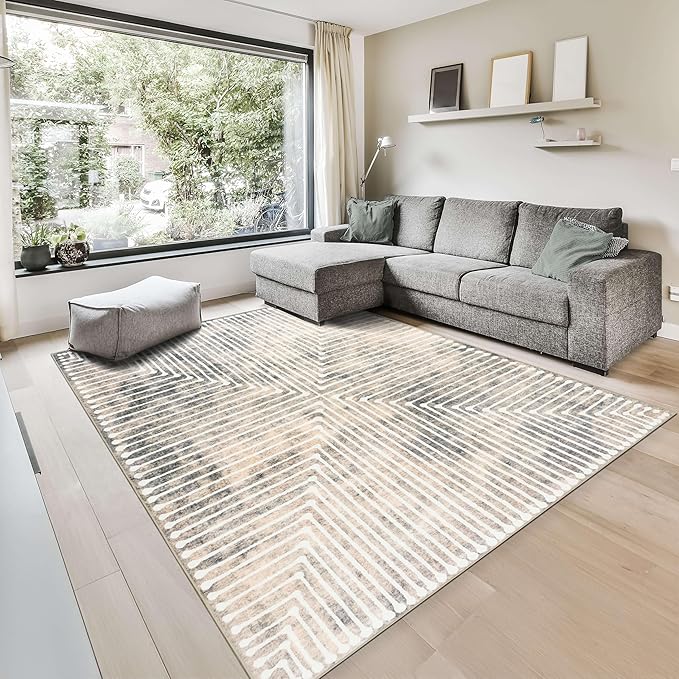 GLN Rugs Contemporary Collection - Machine Washable Area Rug, Contemporary Washable, Non Slip, Low Pile Chenille Rug, Living Room, Bedroom, Kitchen Rug (4' x 6' Lines Cream)