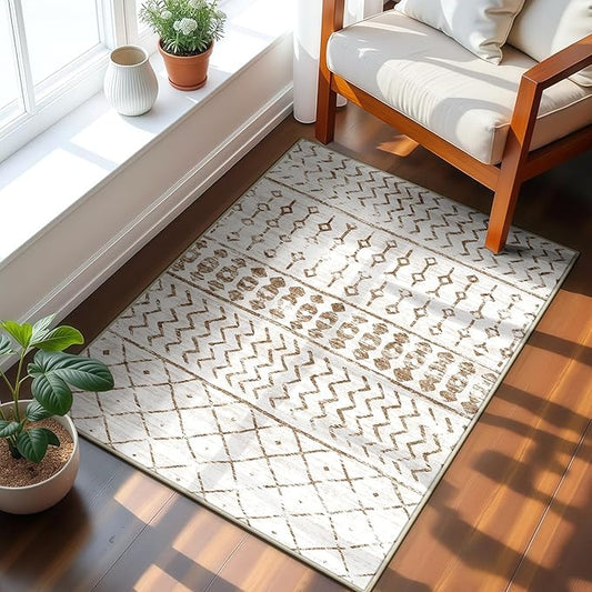 2x3 Machine Washable Area Rug for Entryway, Brown White Vintage Moroccan Rug Non-Slip Low Pile Soft Faux Wool Small Carpet, Kids and Pets Friendly for Bedroom Kitchen Hallway Home Decor Rug