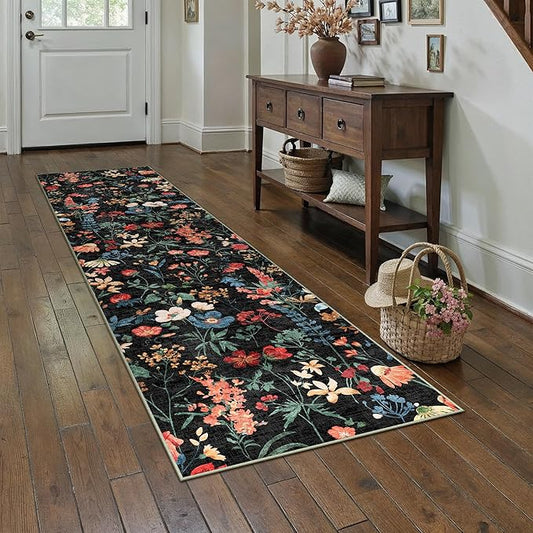 Floral Runner Rug 2x7 Washable Hallway Long Black Bedroom Carpet Non Slip Indoor Boho Kitchen Low Pile Accent Rug Lightweight Soft for Bathroom Dining Laundry Living Room