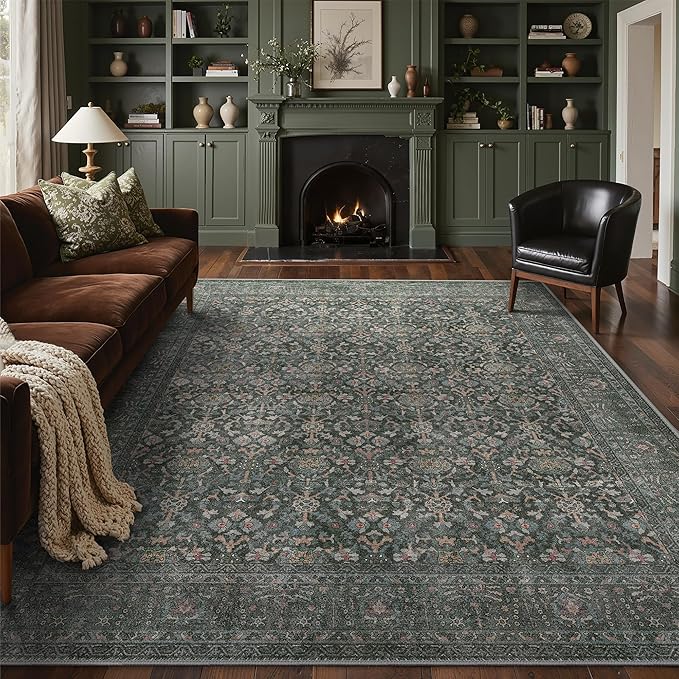 Bavni Washable Rugs 8x10-Machine Washable Rug Lightweight Low Pile, Vintage Floral Rug Non-Shedding Distressed Throw Carpet for Living Room Bedroom Office, Dark Green