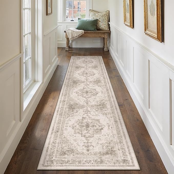 Runner Rug 3x10 Beige Hallway Washable Carpet Non Slip Vintage Medallion Carpet Low Pile Soft Distressed Retro Indoor Long Rug for Entryway Kitchen Bathroom Laundry Bedroom