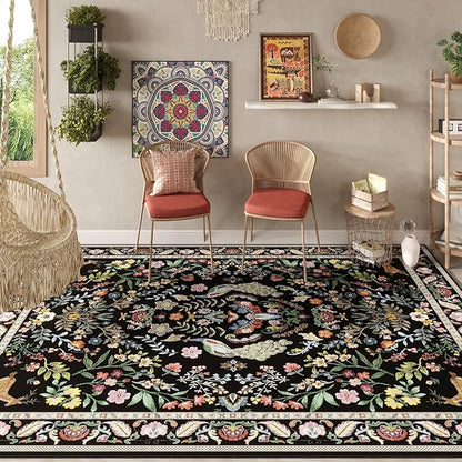 Rugcomf 9x12 Area Rugs for Living Room Washable Rug Floral Non-Slip Large Rug for Living Room, Bedroom, Farmhouse, Dining Room, Kids Playroom (Vibrant Black)