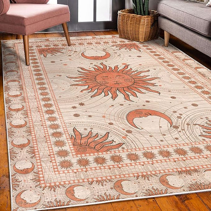 Ambesonne Sun and Moon Decorative Rug, Bohemian Artwork Design of Crescent Solar Ornament Esoteric Stars Ornaments, Quality Carpet for Bedroom Dorm and Living Room, 4' X 5' 5", Burnt Sienna