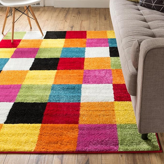 Well Woven Modern Rug Squares Multi Geometric Accent Area Rug (3'3" x 5') Entry Way Bright Kids Room Kitchn Bedroom Carpet Bathroom Soft Durable Area Rug