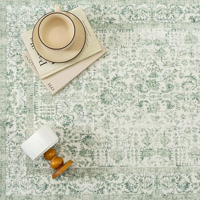 Sage Green Area Rug 4x5 Washable Office Entryway Carpet Vintage Distressed Non Slip Kitchen Indoor Entry Neutral Low Pile Retro Floral Farmhouse Throw Mat for Laundry Dining Room Bedroom