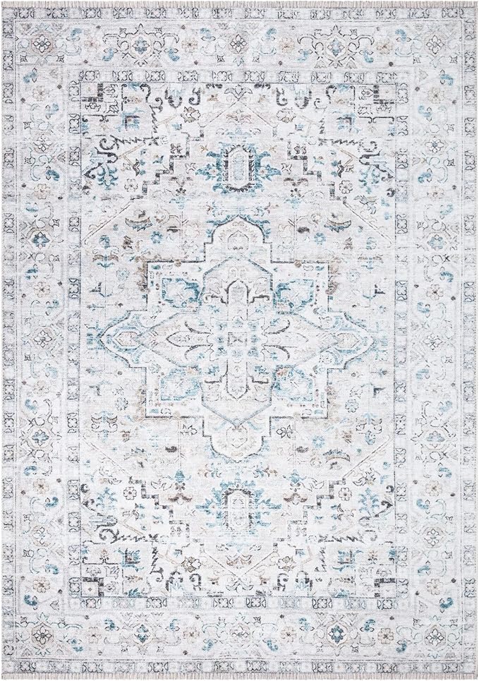 Bloom Rugs Caria Washable Non-Slip 4x6 Rug - Seashell/Teal Blue Traditional Area Rug for Living Room, Bedroom, Dining Room, and Kitchen - Exact Size: 4' x 6'
