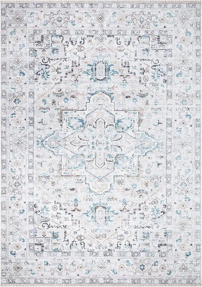Bloom Rugs Caria Washable Non-Slip 4x6 Rug - Seashell/Teal Blue Traditional Area Rug for Living Room, Bedroom, Dining Room, and Kitchen - Exact Size: 4' x 6'