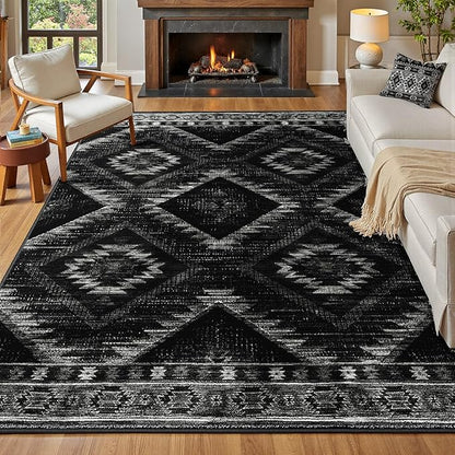 Area Rug 6x8 Rug Machine Washable Non-Slip Low Pile Print Pattern Western Rug for Living Room Bedroom Entryway Tribal Series-Black