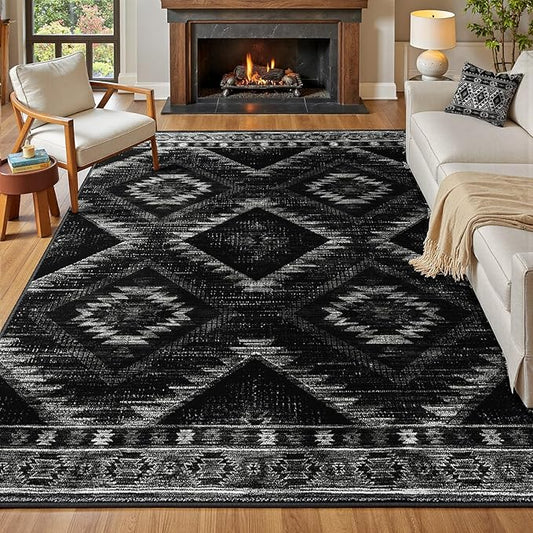 Area Rug 6x8 Rug Machine Washable Non-Slip Low Pile Print Pattern Western Rug for Living Room Bedroom Entryway Tribal Series-Black
