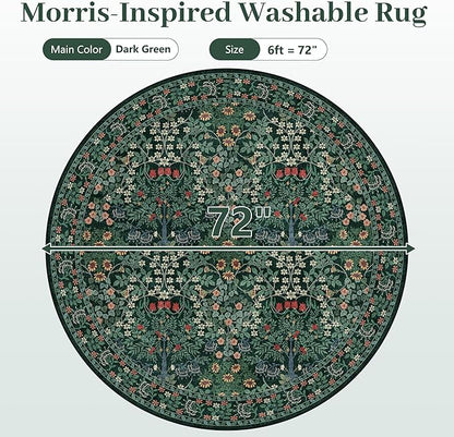 6' Round Area Rug - Floral Vintage Forest Washable Low Pile Non-Slip Carpet for Living Room, Bedroom, Dining Room, Office (Dark Green)