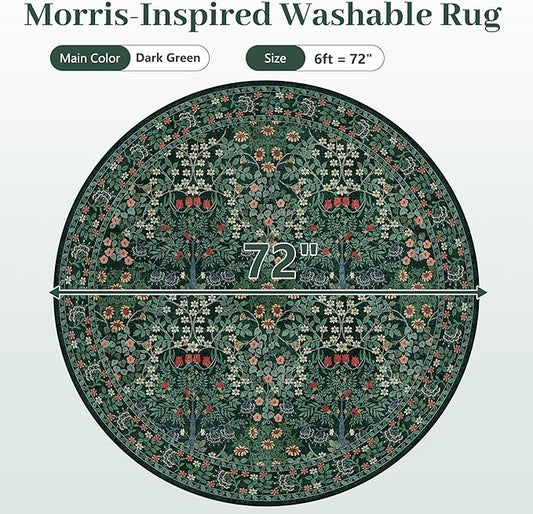 6' Round Area Rug - Floral Vintage Forest Washable Low Pile Non-Slip Carpet for Living Room, Bedroom, Dining Room, Office (Dark Green)