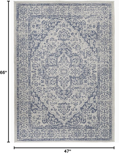 FH Home Flat Woven Outdoor Rug - Waterproof, Easy to Clean, Stain Resistant - Premium Polypropylene Yarn - Vintage - Patio, Deck, Porch,Balcony - Ankara - Distressed Blue - 3ft 11in x 5ft 6in