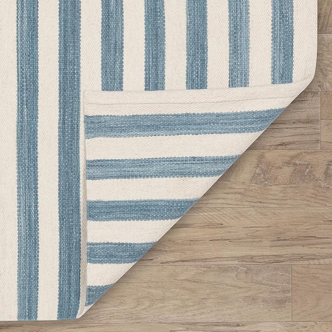 Home Conservatory Ladder Stripe Blue/Ivory Handwoven Wool 5 X 8 Feet, Blue/Ivory Stripe Pattern