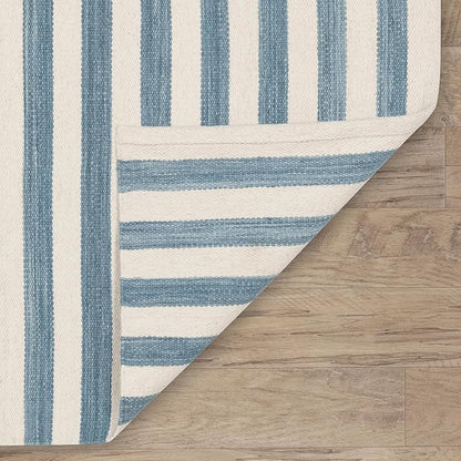 Home Conservatory Ladder Stripe Blue/Ivory Handwoven Wool 4 X 6 Feet, Blue/Ivory Stripe Pattern