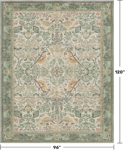 Washable Floral Bird Rugs for Living Room - Sage Green 8x10 Area Rugs for Bedroom Under Bed, Dining Room Kitchen Table Rug for Under Table, Nature Botanical Decor, Stain Resistant Non-Slip