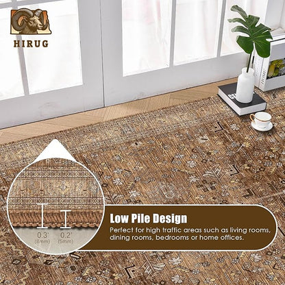 Washable Area Rug 6' x 9' Vintage Traditional Persian Mat - Foldable Distressed Non-Slip Machine Washable Carpet for Living Room Bedroom Kitchen Home Decor - Bronze and Ivory