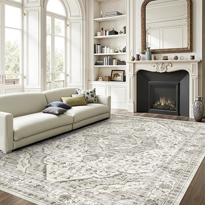 Deerly Boho 6x9 Area Rug Vintage Rugs for Living Room, Washable Rugs Non Slip Large Area Rug for Dining Room Bedroom Office, Floor Decoration Big Rug Mat Low-Pile (Cream)