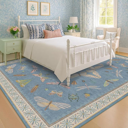 Washable Living Room Rug 8x10, Dusty Blue Area Rugs for Bedroom Under Bed, Dining Room Under Kitchen Table, Kids Room, Playroom, Lage Modern Boho Carpet, Ultra Soft Stain Resistant Colorful Decor