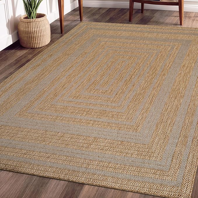 Beverly Rug Easy Jute Framed Border Rug 9x12 Washable Large Indoor Outdoor Area Rugs for Living Dining Room Patio Office Stain Resistant Non Shedding Casual Indoor Outside Carpet 9 x 12 Natural