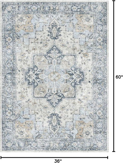 GENIMO 3x5 Area Rugs for Living Room, Machine Washable Rug, Non Slip Vintage Rugs, Low Pile Lightweight Chenille Print Rug for Bedroom, Dining Room, Home Office, Blue
