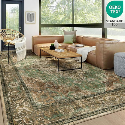 6x9 Machine Washable Area Rug for Living Room, Brown Green Boho Vintage Floral Rug Large Non-Slip Low Pile Soft Faux Wool Carpet, Kids and Pets Friendly for Bedroom Dining Room Farmhouse Decor Rug