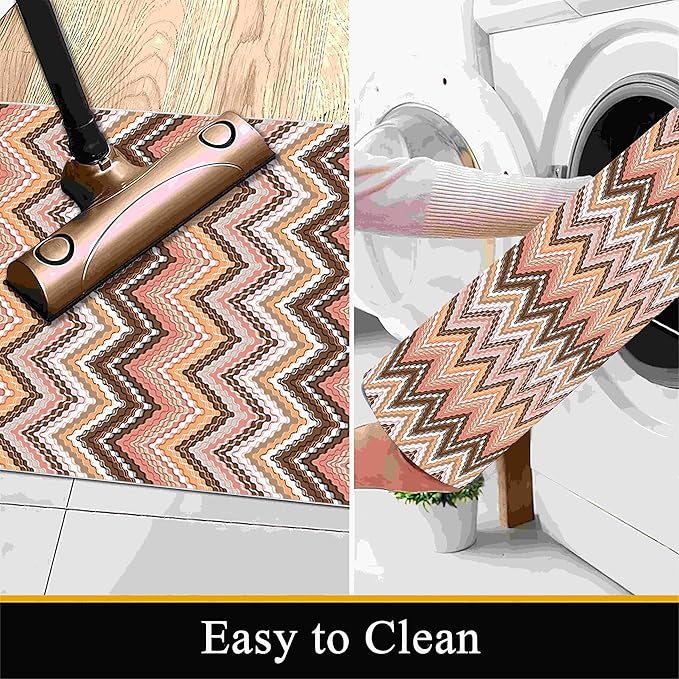 Brown Pink White Wave Runner Rug, 3x12ft Soft Tone Hallway Decor Carpet - Modern Home Corridor & Foyer Long Rug Non-Slip Mat, Washable Flannel Material, Bedroom Stylish Accent Rugs