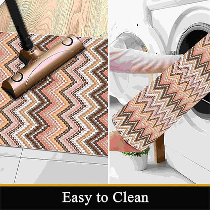 Brown Pink White Wave Runner Rug, 2x10ft Soft Tone Hallway Decor Carpet - Modern Home Corridor & Foyer Long Rug Non-Slip Mat, Washable Flannel Material, Bedroom Stylish Accent Rugs