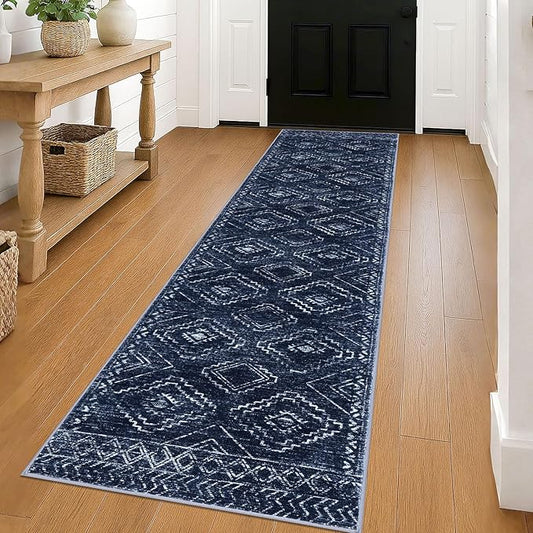 KILOCOCO Hallway Runner Rug 2x8 Runners for Hallways Washable Runner Rug Non Slip Rubber Backed Low-Pile Runners for Bedroom Kitchen Living Room Laundry Room Boho Rugs, Dark Blue