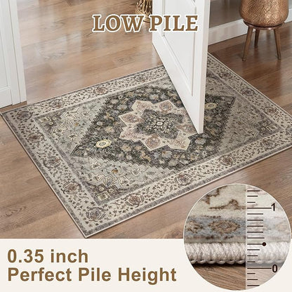 Tangsoo 2x10 Washable Runner Rug for Hallways, Non Slip Vintage Runner Rug, Soft Low Pile Long Runner, Print Distressed Grey Carpet Runners for Kitchen Bedroom Entryway Bathroom Living Room