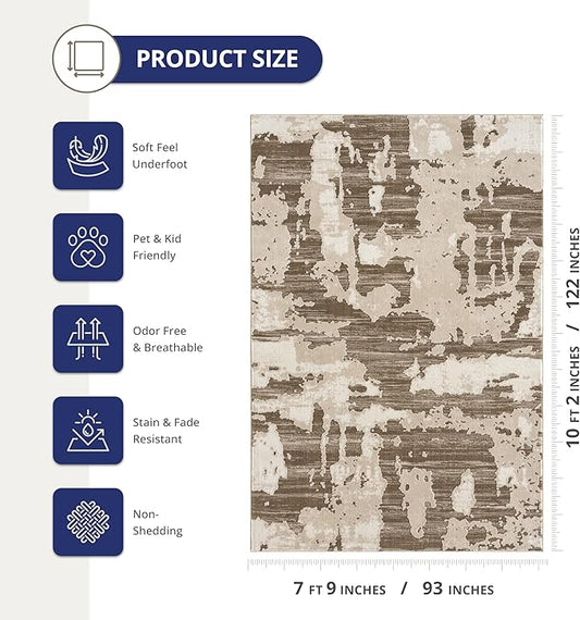 Abani Terra Area Rug for Living Room, Bedroom - Abstract Pattern - Brown Cream - 8' x 10' - Durable & Easy to Clean