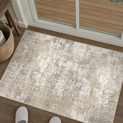 Beige Area Rug 2x3 Machine Washable Modern Abstract Entryway Carpet Non Slip Neutral Door Mat Low Pile Soft Non Shedding Contemporary Throw Rug for Bathroom Laundry Kitchen Dining Room