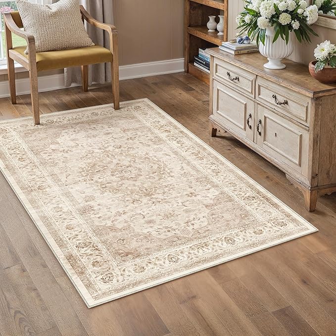 3x4 Beige Washable Vintage Area Rug for Living Room Bedroom Soft Tranditional Non Slip Large Throw Rug Lightweight Floral Low Pile Distressed Carpet Entryway Doormat Hallway Bedroom