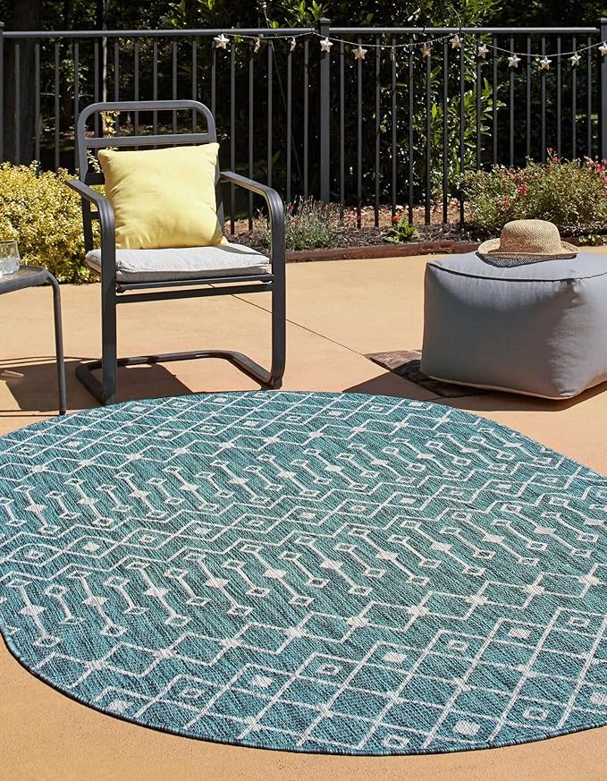 Unique Loom Outdoor Trellis Collection Area Rug - Tribal Trellis (3' 3" x 5' 3" Oval, Teal/ Ivory)
