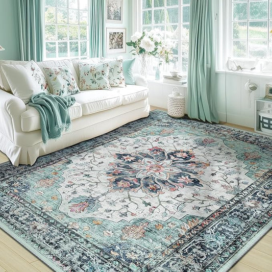 Area Rugs 6'x9' Washable Non-Slip, Floral Vintage Distress Print Pattern Medallion Carpet for Living Room Bedroom Dining Room, Green Navy Blue White Red Teal Colorful