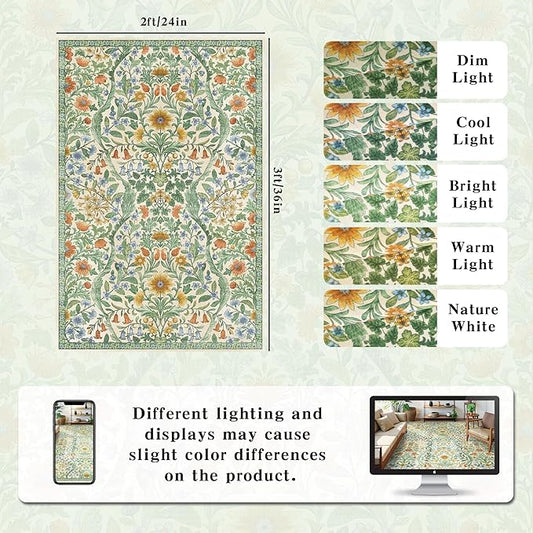 Floral 2x3 Entryway Rug,Washable Front Door Mat Indoor Non Slip Low Pile Small Carpet, Soft Grass Green Boho Botanical Throw Rug for Bathroom Bedroom Kitchen Laundry Indoor Entrance