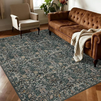 Washable Living Room Rug: 6x9 Boho Floral Soft Area Rug for Bedroom Decor - Vintage Low Pile Thin Carpet for Dining Room Non-Slip - Farmhouse Stain Resistant Rugs - Dark Green